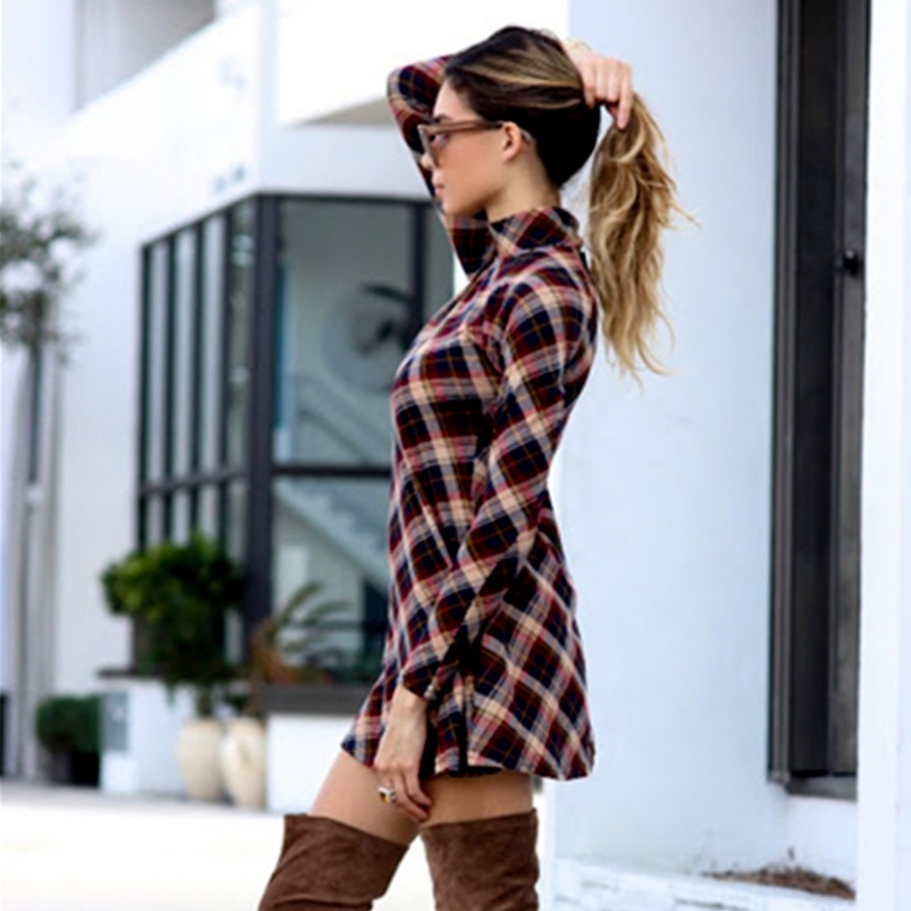 Plaid Long Sleeve Turtleneck Dress - Picture 2 of 8
